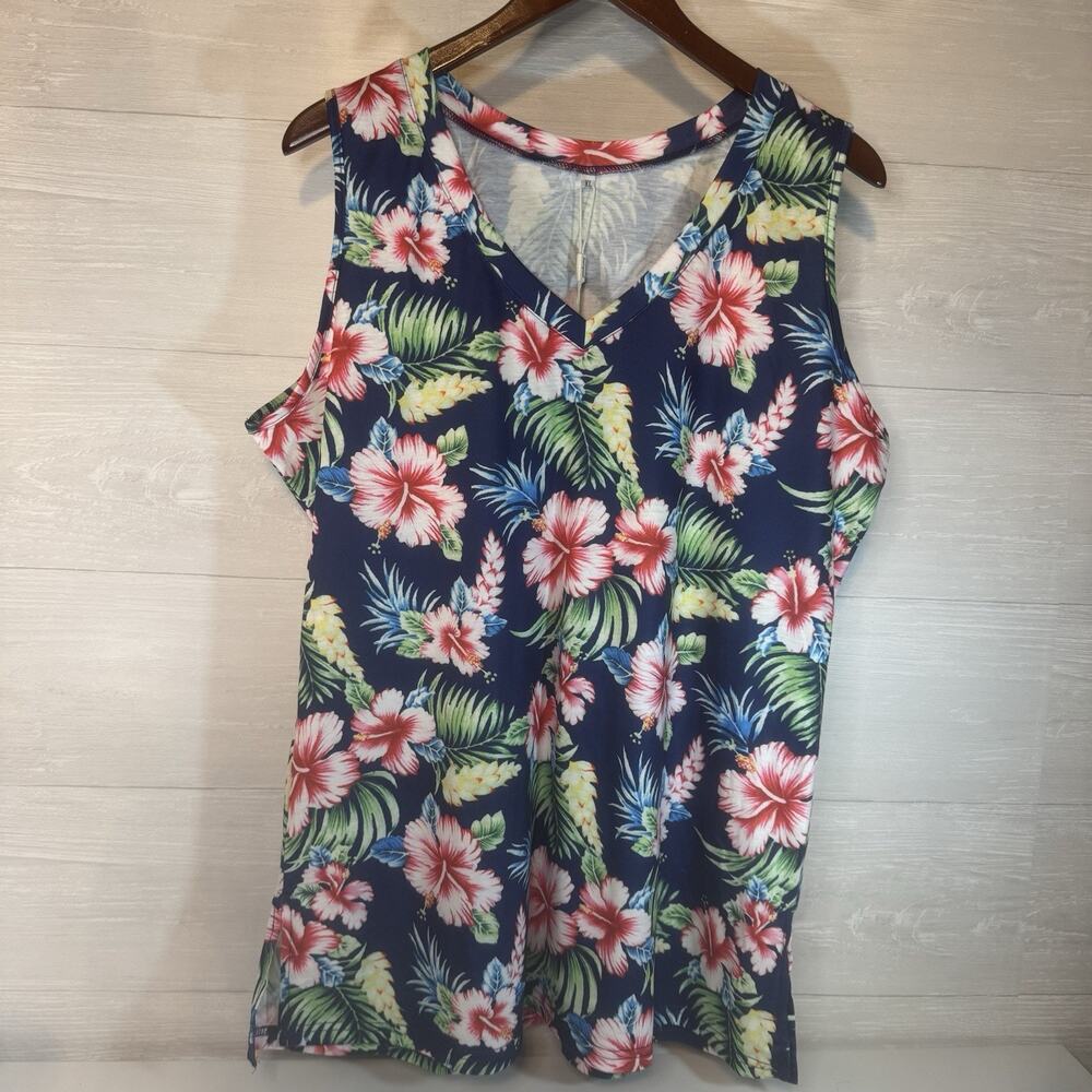 Women's XL Plus Size Navy Blue Tropical Hibiscus Floral V-Neck Tank Top NWT